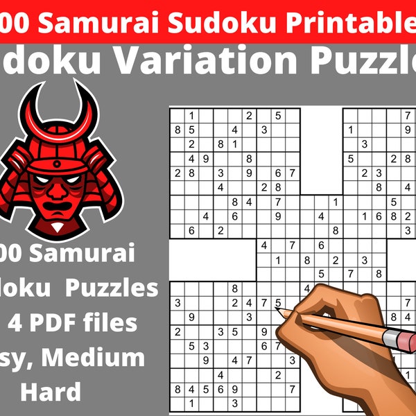 Easy, Medium and Hard Samurai Sudoku Puzzles Printable PDF - 400 Sudoku Variation Puzzles for Adults with Answers - Instant Download