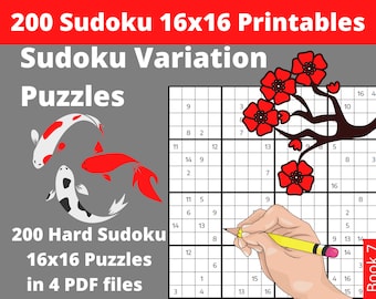 Extremely Hard Sudoku 16x16 Printable PDF - 200 Sudoku Variation Puzzles for Adults with Answers - Instant Download