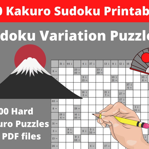 Difficult Kakuro Sudoku Puzzles - 300 Printable PDF Japanese Puzzles for Adults with Answers - Instant Download