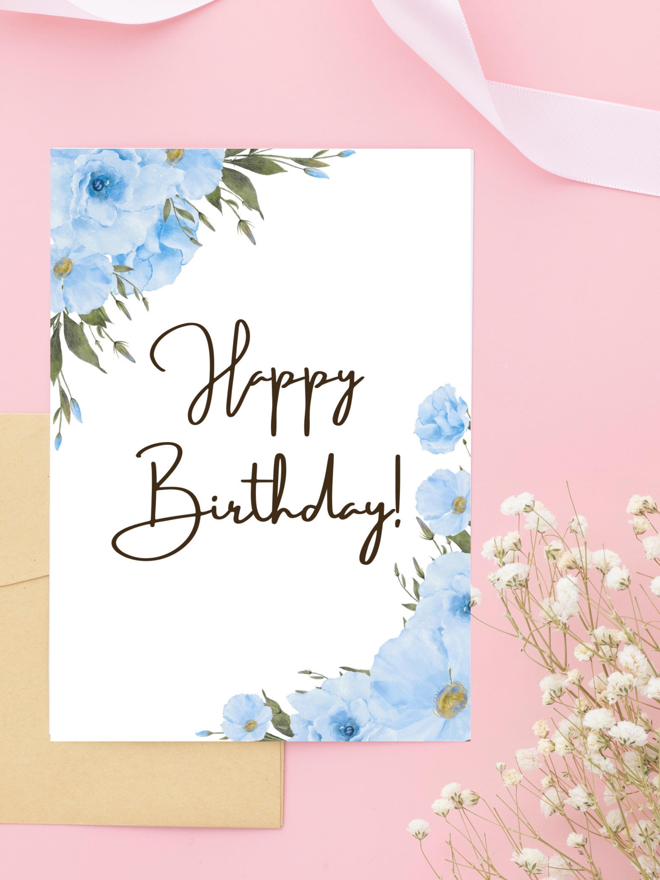 Blue Floral Watercolor Happy Birthday Card (A6 Folded), Instant ...