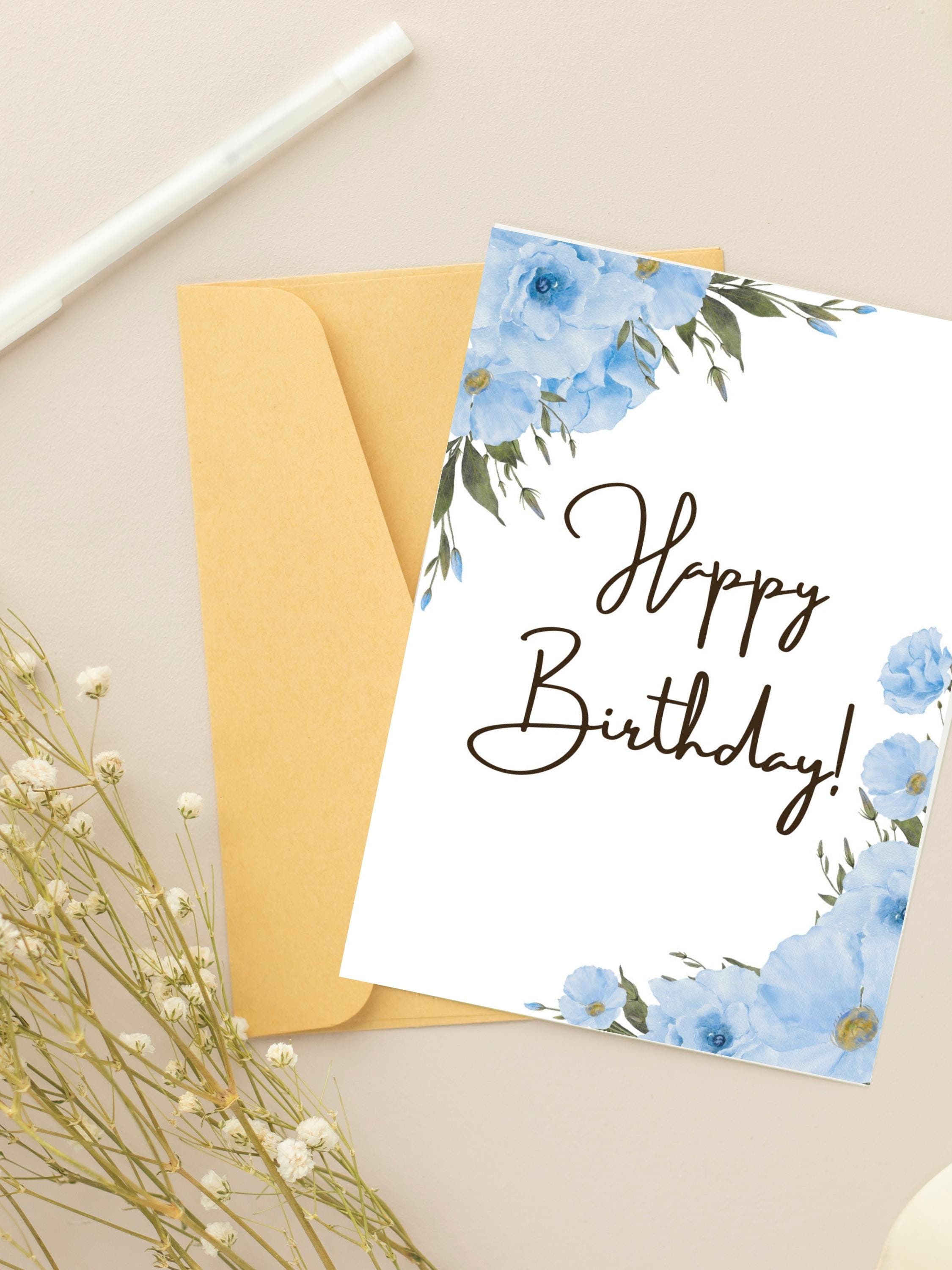 Blue Floral Watercolor Happy Birthday Card (A6 Folded), Instant ...