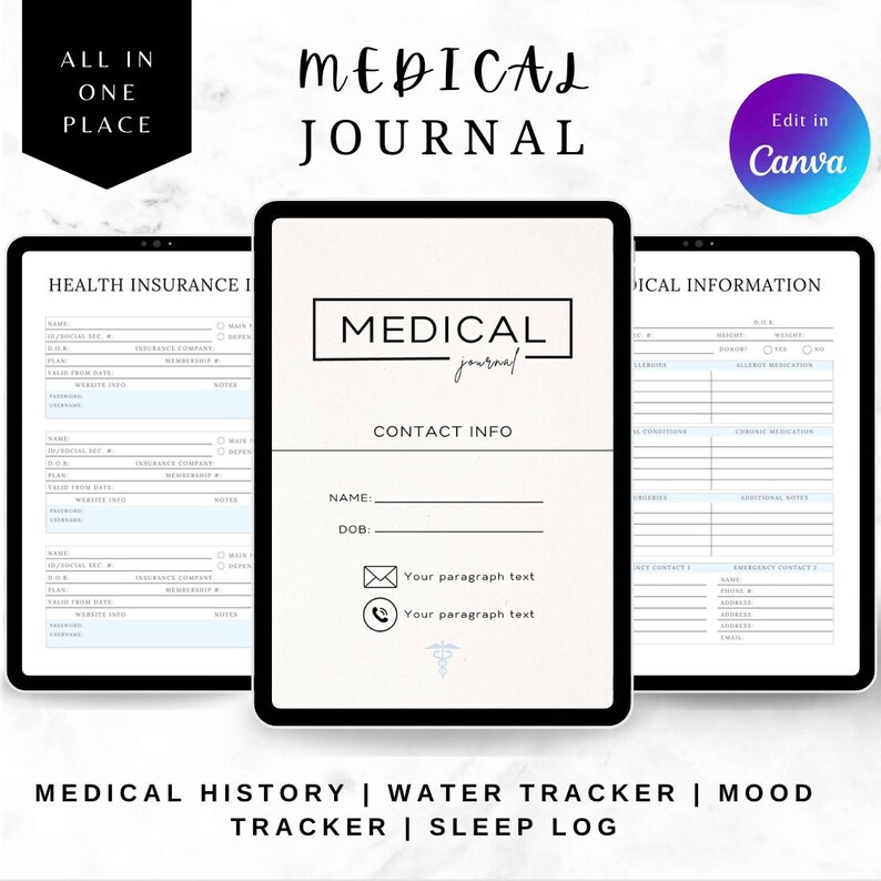 Digital Medical Journal Template Healthcare Planner Medication Tracker ...