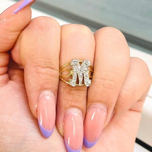 Vintage Retro 14k Gold Letter “M” Initial Ring Set with Diamonds