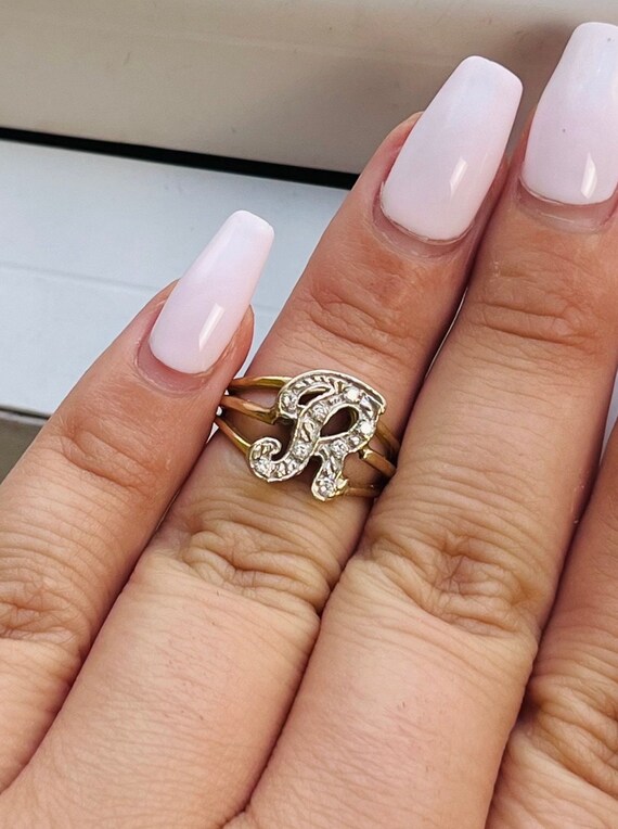 ヴィンテージ レトロ 14K ゴールド レターRリング セット ダイヤモンド 
