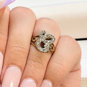 Bague vintage rétro en or 14 carats avec lettre « E » et diamants
