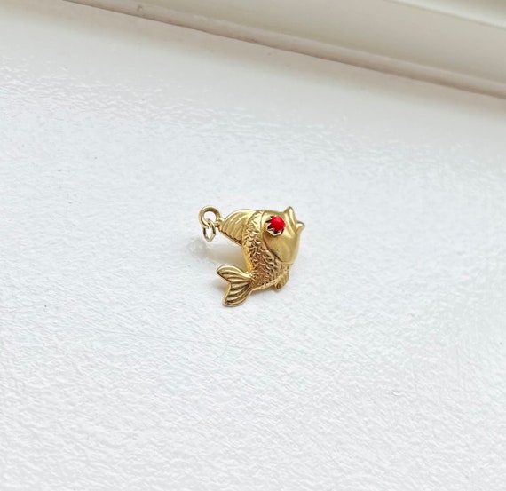 Vintage 14k Gold Fish Charm Pendant with Red Cora… - image 1