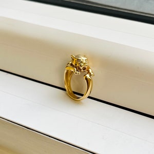 Vintage 14k Gold Leopard Ring with Diamond Set Eyes