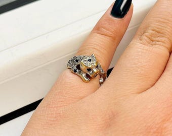 Vintage 14k Gold Two Tone Leopard Ring Set with Sapphires & Diamonds
