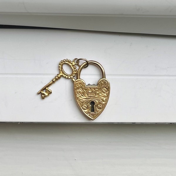 Antique English Hallmarked 9k Gold Heart Padlock & Key Charm