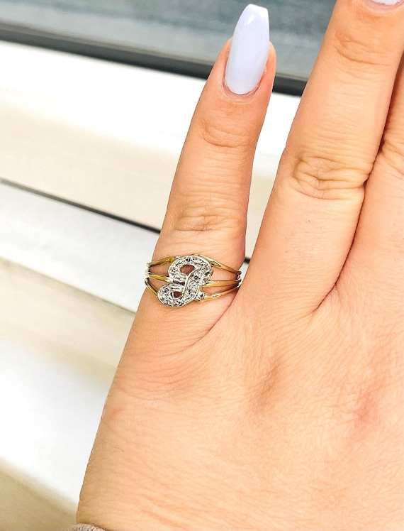 Vintage Retro 14k Yellow Gold Letter “J” Initial Ring Set With