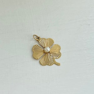 Antique 14k Gold Engine Turned Four Leaf Clover Charm with Pearl