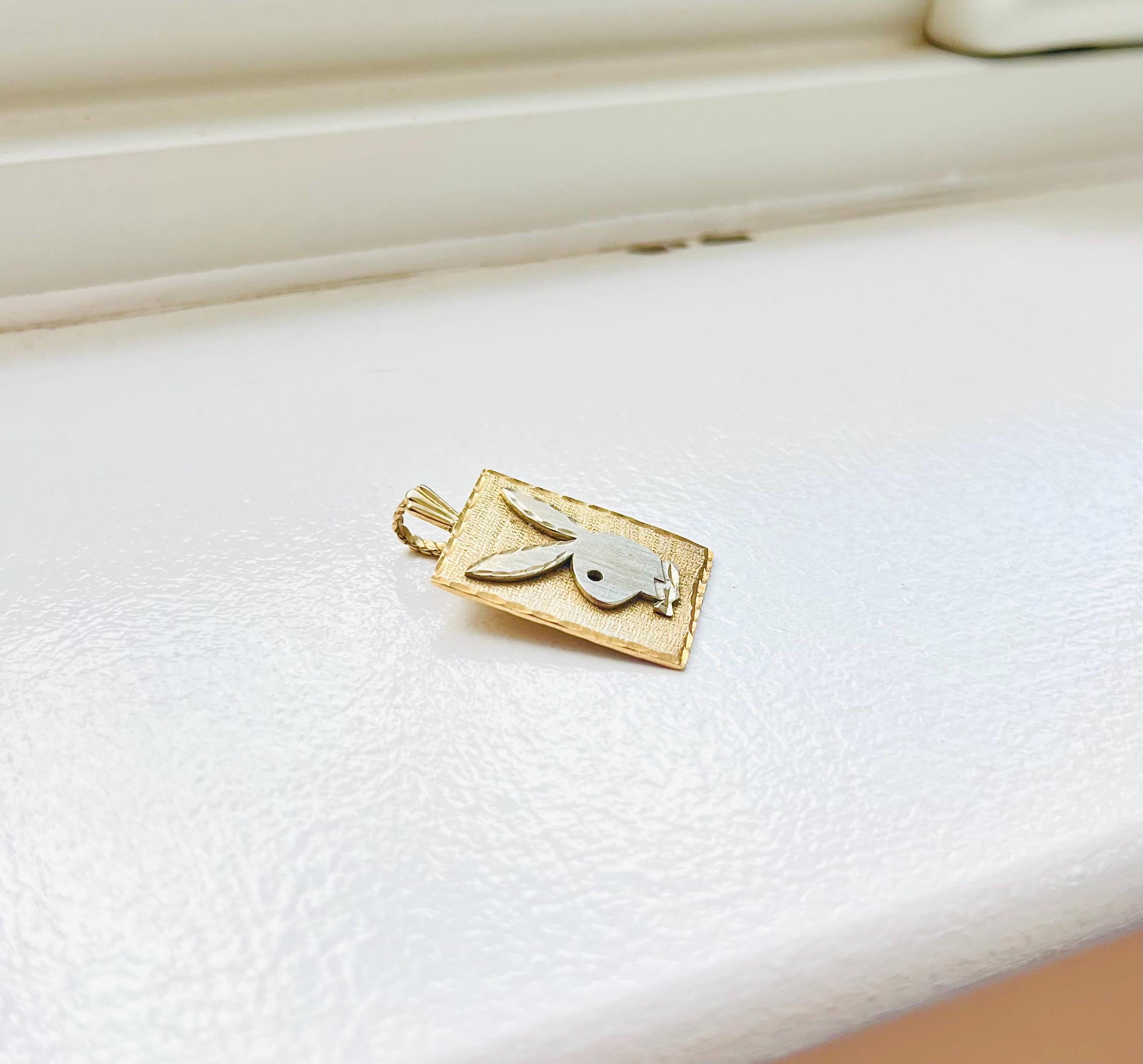 Vintage 14k Yellow Gold Playboy Bunny Square Pendant by Michael