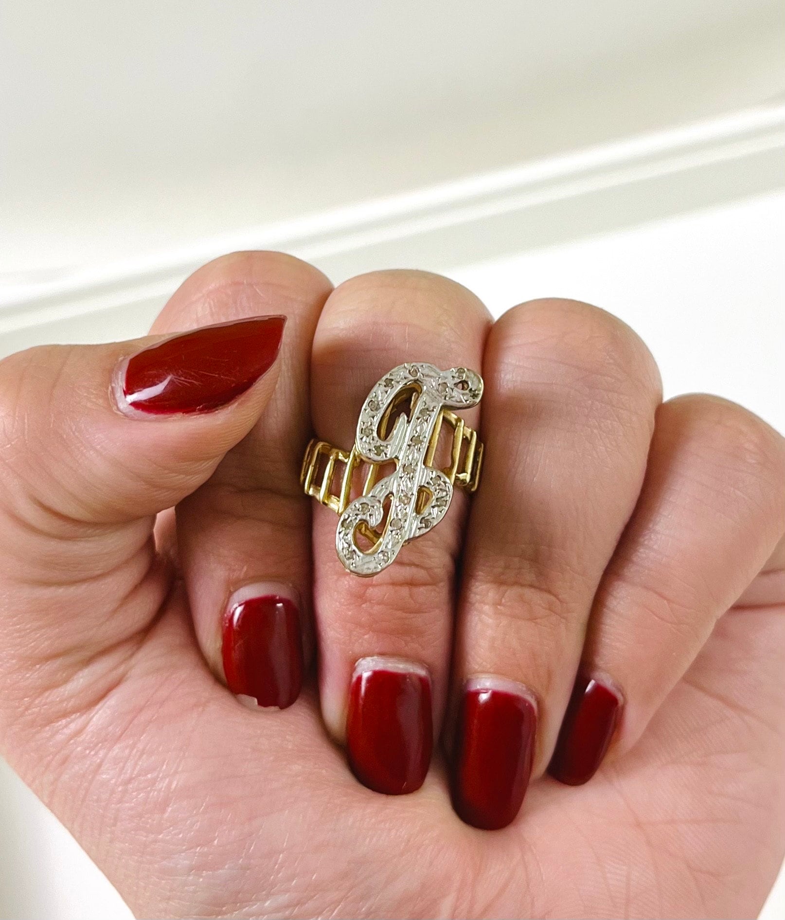 Vintage 14k Gold Diamond Encrusted Letter “J” Initial Ring