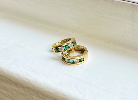 14k Gold Huggy Hoop Earrings With Emeralds And Di… - image 1