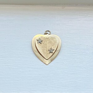 Vintage 14k Yellow Gold Double Heart Style Pendant with Florentine Finish and Star Design Set Diamonds