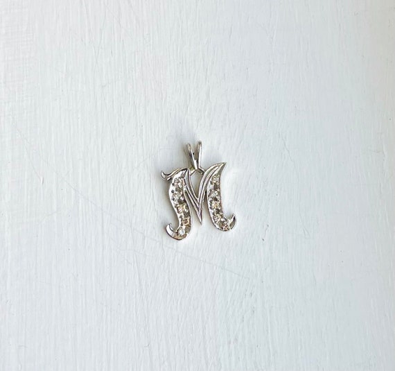 Vintage 14k White Gold “M” Letter Pendant Charm w… - image 7