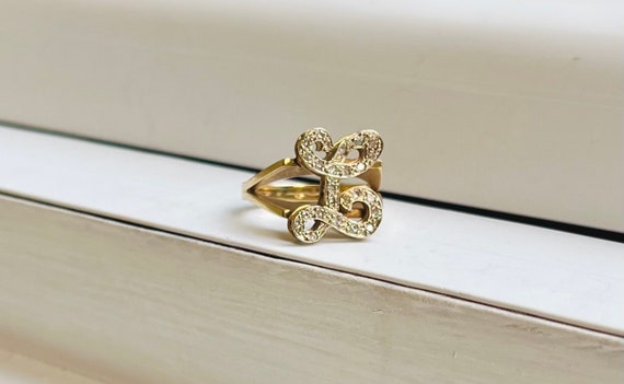 Vintage Retro 14k Gold Letter “L” Ring with Diamo… - image 2