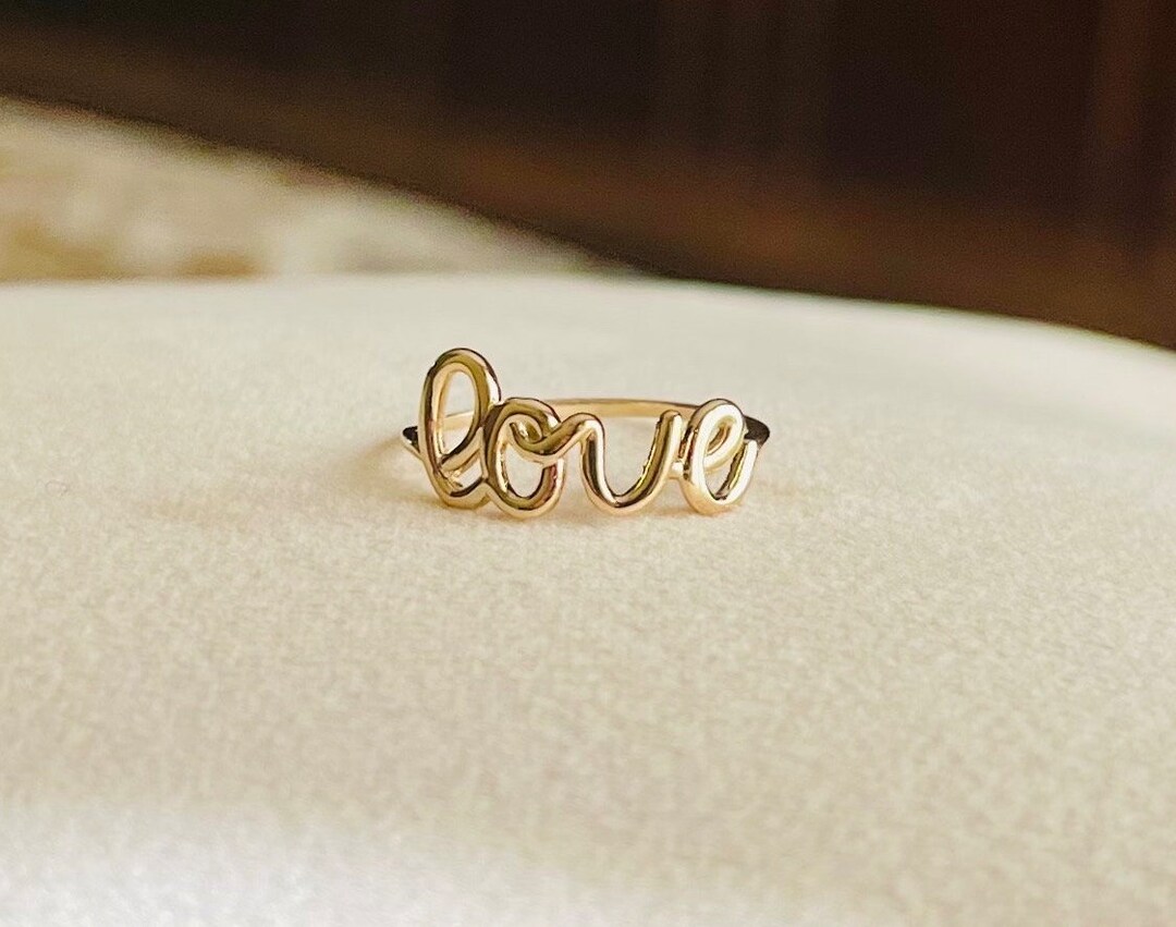 14k Yellow Gold Cursive Style Dainty “love” Ring - Etsy