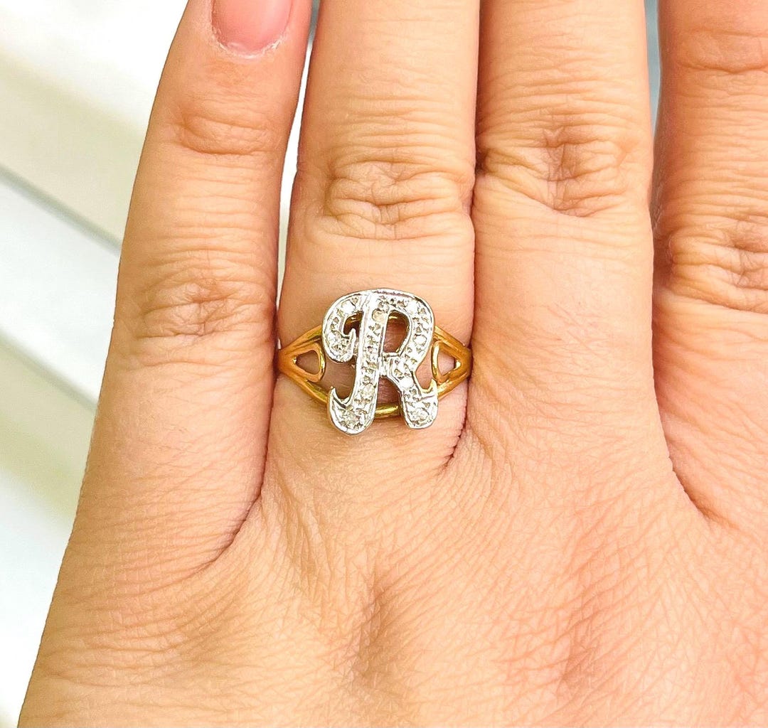 Vintage Retro 14k Yellow Gold Letter “R” Initial Ring Set With Diamonds ...