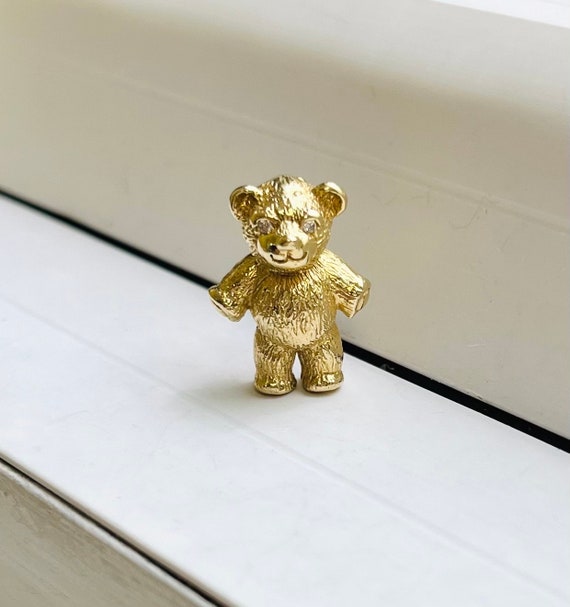 Vintage 14k Gold Teddy Bear Charm Pendant with Di… - image 1