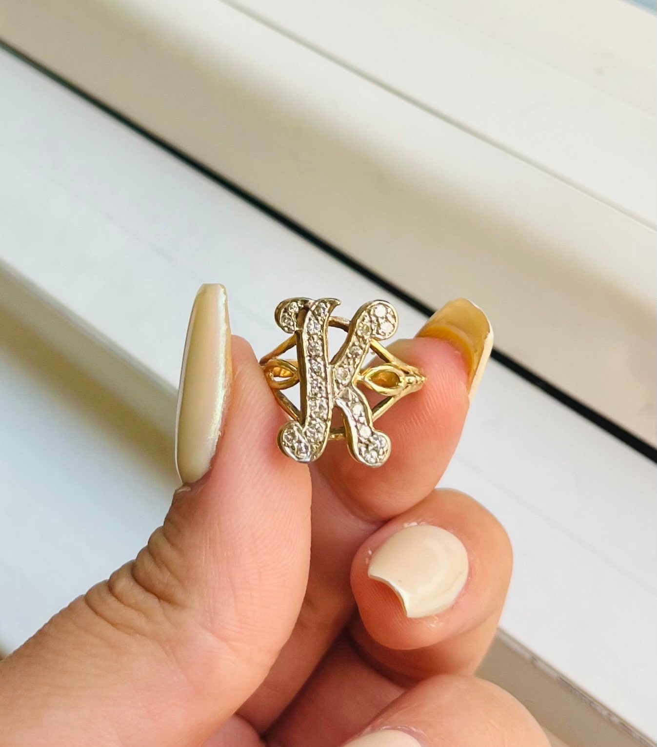 Vintage Retro Large 14k Gold Letter “K” Ring With Diamonds