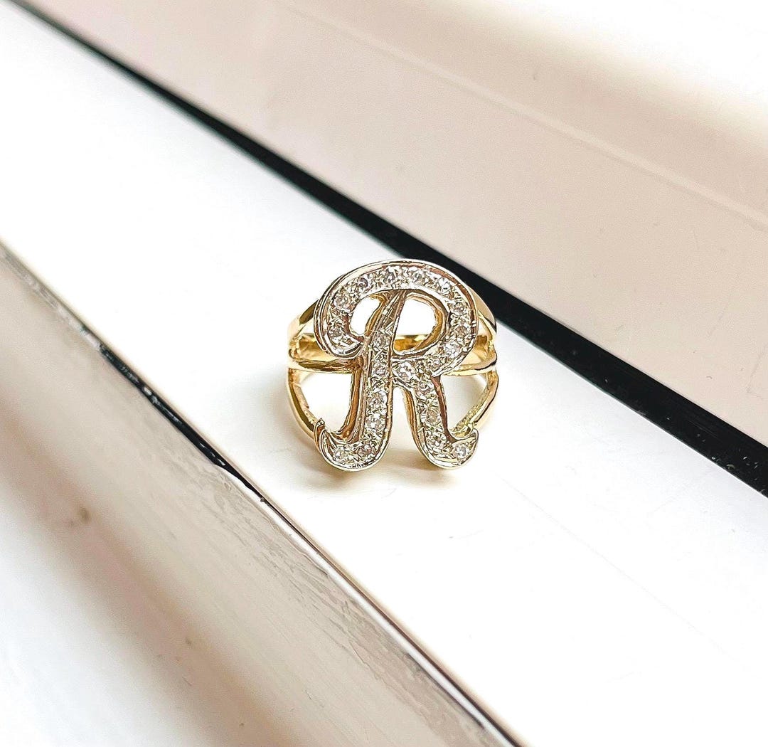 Vintage Retro 14k Gold Letter “R” Initial Ring Set With Diamonds - Etsy