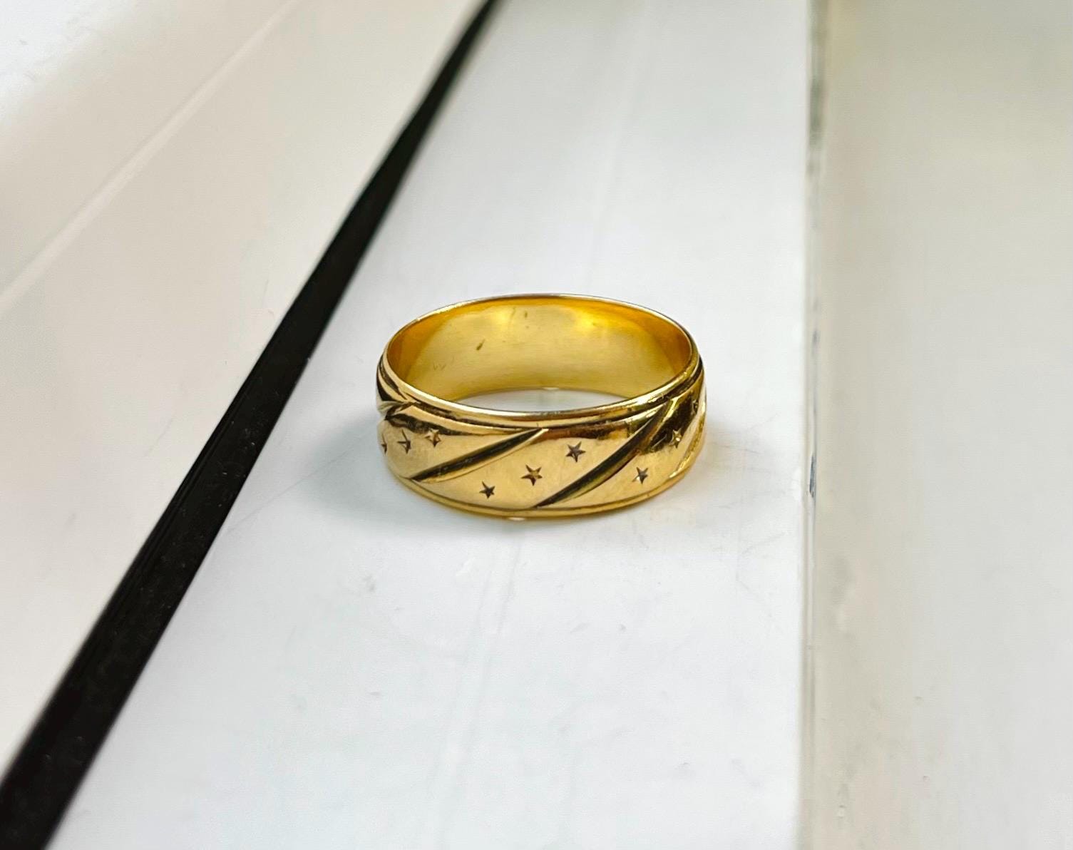 Vintage 14k Yellow Gold Wide Band with Celestial Stars Design
