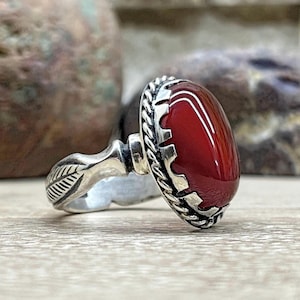 Rot Achat Blatt Design Sterling Silber Unisex Ring, 925 Sterling Silber Schmuck, rot Aqeeq Ring, Geschenk zum Valentinstag