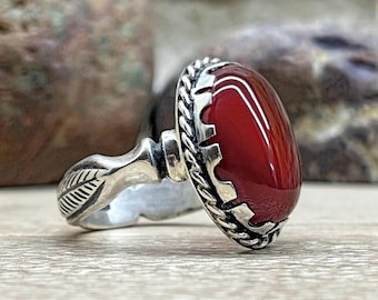 Unisexring i sterlingsilver med röd agatbladdesign, handgjorda smycken i 925 sterlingsilver, röd Aqeeq-ring, present till alla hjärtans dag