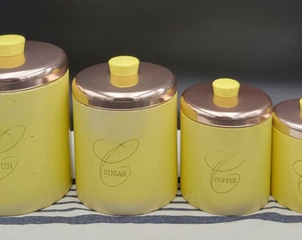 Vintage Ransburg 4 Piece Metal Canister Set 1950's Yellow with Copper Lids