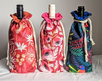 lined Australian fabric drawstring wine bags, drinks holder.