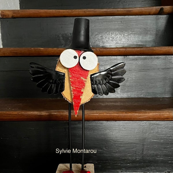 Le drôle d’oiseau chapeauté en bois et récup’ woodart animaux en bois upcycling déco fait en france création unique cadeau