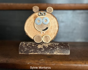 L’hippopotame en bois création originale wood fait main animaux en bois déco récupart upcycling cadeau