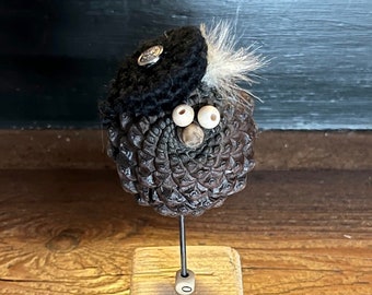 The little bird pine cone French creation upcycling sculpture recyclart decorative gift animal in nature wood