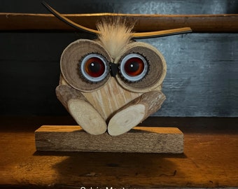 The red-eyed owl creation in wood and recycled woodland bird owl wood gift decoration sculpture nature upcycling handmade