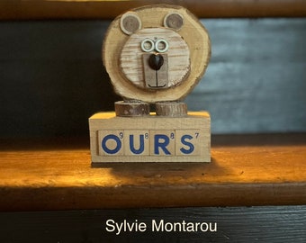 Le petit ours création en bois et récup déco maison upcycling animaux en bois sculpture fait en France wood art