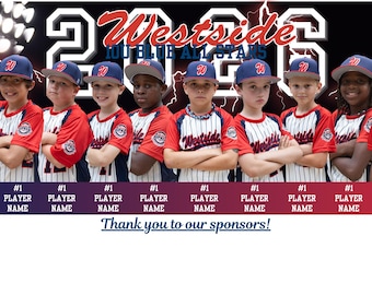 Könnte beinhalten: Ein Mannschaftsfoto von zwölf Baseballspielern in weiß gestreiften Trikots mit roten Ärmeln und blauen Kappen. Der Hintergrund zeigt den Text 2026 Westside 10U Blue All Stars mit Blitzen. Unter jedem Spieler befindet sich ein Platzhalter für den Namen.
