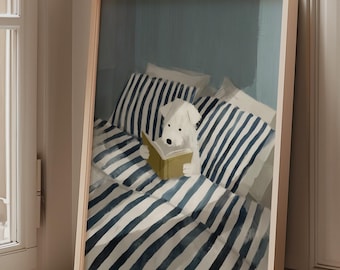Hond lezen kunst aan de muur downloaden, poster boekenliefhebber, gezellige hond in bed illustratie, grillig slaapkamerdecor, poster grappige hond