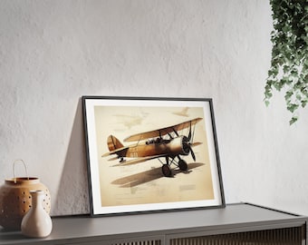 May include: A framed print of a vintage biplane in flight. The plane is brown and white with a red propeller. The print is on a beige background with technical drawings and text.