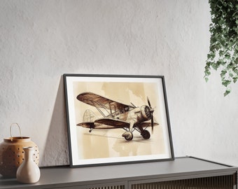 May include: A black framed print of a vintage airplane drawing on a beige background. The airplane is a biplane with a propeller and is drawn in a detailed style.