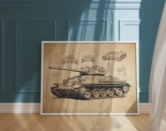 May include: A vintage style black and white line drawing of a tank on a beige background. The tank is the main focus of the image and is drawn in detail. The background includes smaller drawings of the tank from different angles.