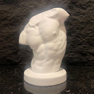 Puede incluir: Escultura de yeso blanco de un torso masculino con musculatura definida. La escultura está sobre una base redonda.
