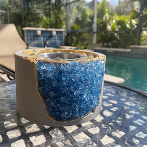 Mini Fire Pit Concrete, Table Top Fire Pit With Navy Blue Crystals, Geode Fire Bowl, Portable Concrete Fire Pit, Cement Fire Pit, Chiminea