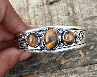 Natural Tiger Eye Gemstone Bangle Bracelet, 925 Sterling Silver Plated Cuff Bangle, Valentine Day Gift, Unique Jewelry, Statement Bangle