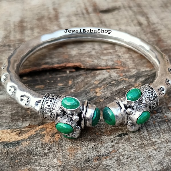 Malachite Bangle, 925 Sterling Silver Plated Bangle Bracelet, Adjustable Bangle, Malachite Gemstone Bracelet Gift Her, Valentine Day Gift