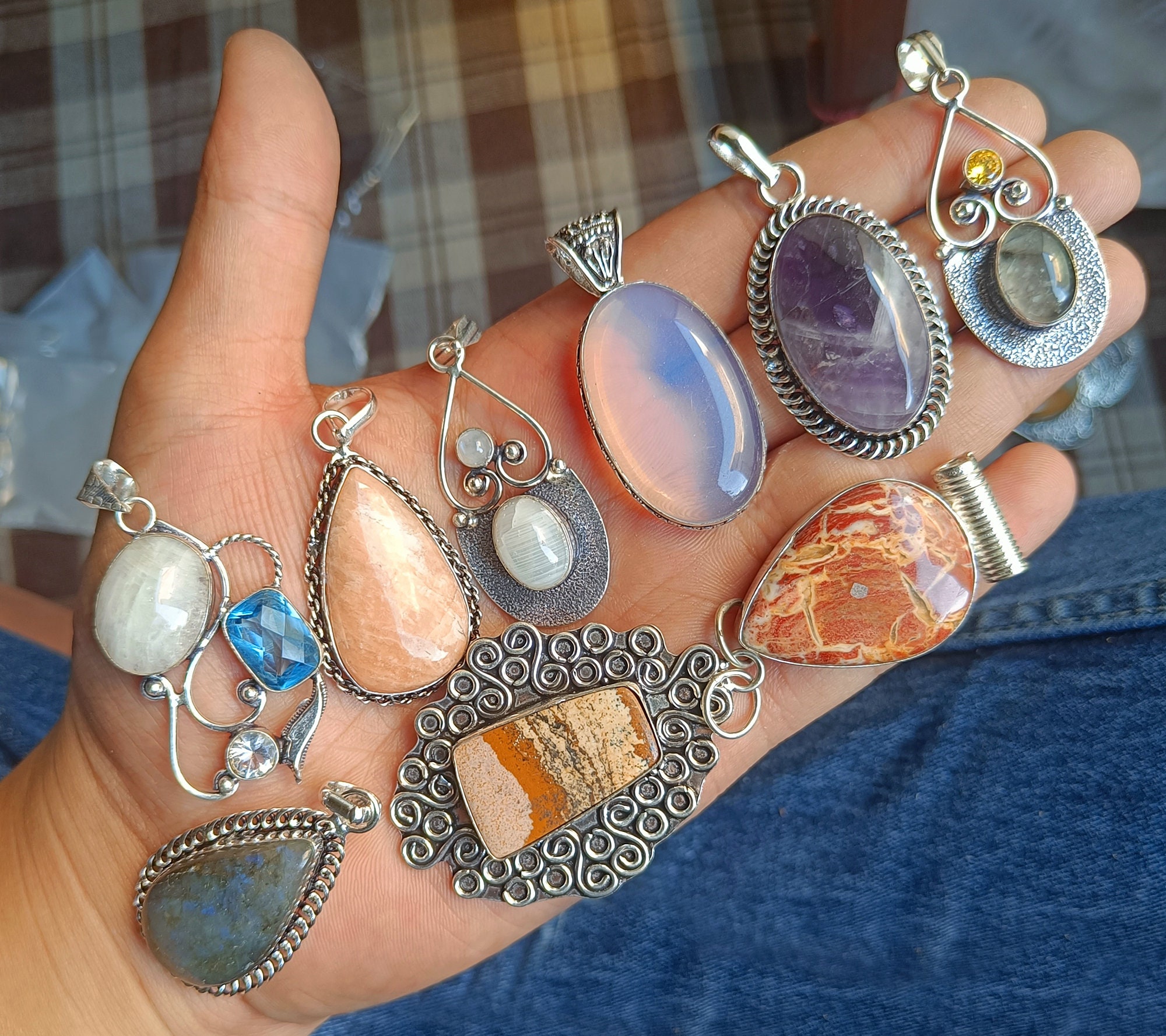 Multi Gemstone Pendants Lot: 925 Silver Plated Jewelry