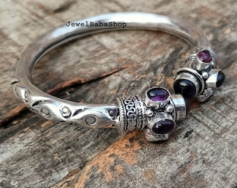 Amethyst gemstone bangle, 925 sterling silver plated handmade bangle, ethnic cuff bracelet, adjustable bangle, february birthstone bangle