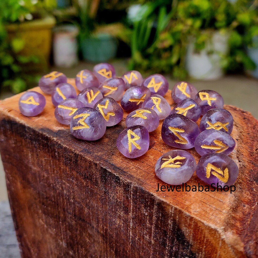 Amethyst Crystal Rune Stone Set With Velvet Storage Pouch - Choose Your ...