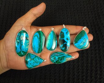 Handmade Malachite Azurite Pendant: Silver Plated Gemstone Jewelry
