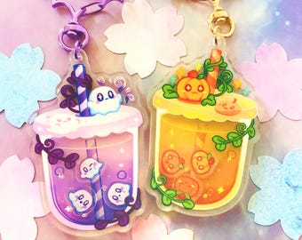 Pumpkin + Ghost Boba Tea Keychains || 3" Double Sided Acrylic Shaker Charms